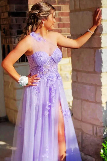 Lavender One Shoulder Lace Embroidered Sleeveless Prom Dress with Side Split for Wedding As Picture