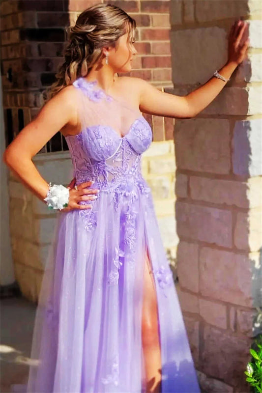 Lavender Prom Dresses One Shoulder Lace Embroidery Wedding Dress Elegant Sleeveless Sexy Side Split Vestidos De Fiesta As Picture