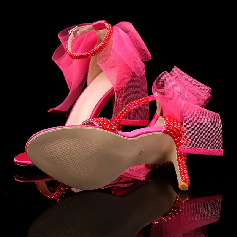 Summer New brand Fashion Bowknot Beading Women Gladiator Sandals Luxury Pearls White thin High heels Wedding Bridal Party Shoes