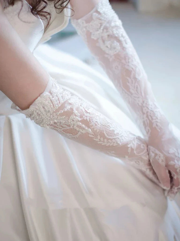 Lace Long Bridal Gloves Flower Wristband Pearl Wedding Glove For Women Girl Party Evening Dress Jewelry Brides Accessories