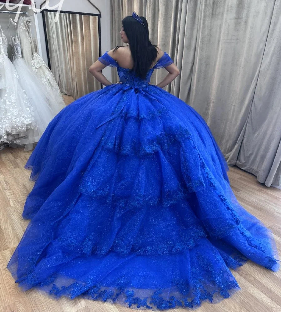 Elegant Royal Blue Quinceanera Dresses Masquerade Tiered Ruffles Lace Vestidos De 15 Años Corset Ball Gown Sweet 16Customized