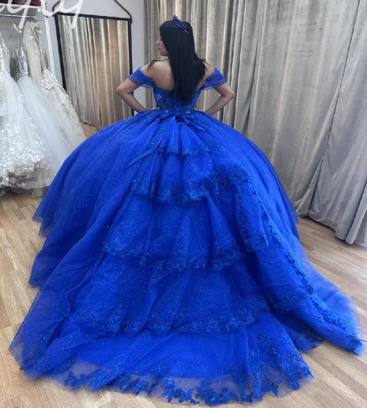 Elegant Royal Blue Quinceanera Dresses Masquerade Tiered Ruffles Lace Vestidos De 15 Años Corset Ball Gown Sweet 16Customized