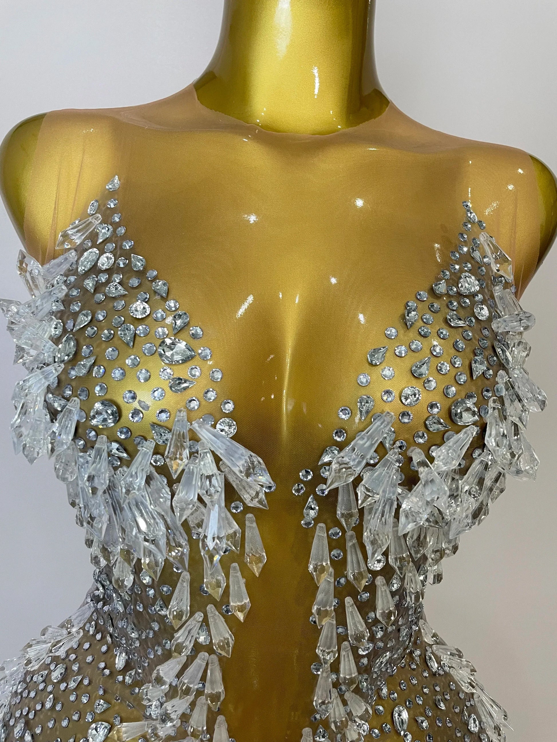Women Luxury Sexy Mesh Crystal Diamonds Mini Dress Birthday Party Costume Nightclub Stage Performance Singer Outfit