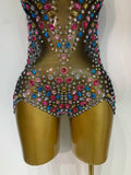 Sparkly Colorful Rhinestones Crystals Leotard Luxury Birthday Celebrate Sexy Outfit Sleeveless Mesh Bodysuit Stage Costume