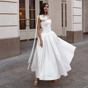 White One-Shoulder Tea-Length Wedding Dress with Floral Embellishments, Soft Breathable Fabric, Short Bridal Gown for Formal Evening and Prom, Customized Fit White