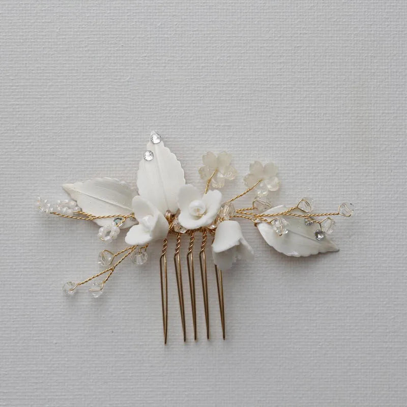 Porcelain Flower Head Piece Leaf Hair Comb Clip Pin For Bride Bridesmaids Women Hairpins Bridal Jewelry Wedding Accessories gold color