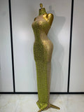 Women Luxury Birthday Celebrate Dress Dancer Party Show Stage Outfit Sparkly Rhinestone Elastic Mesh See Through Long Dress