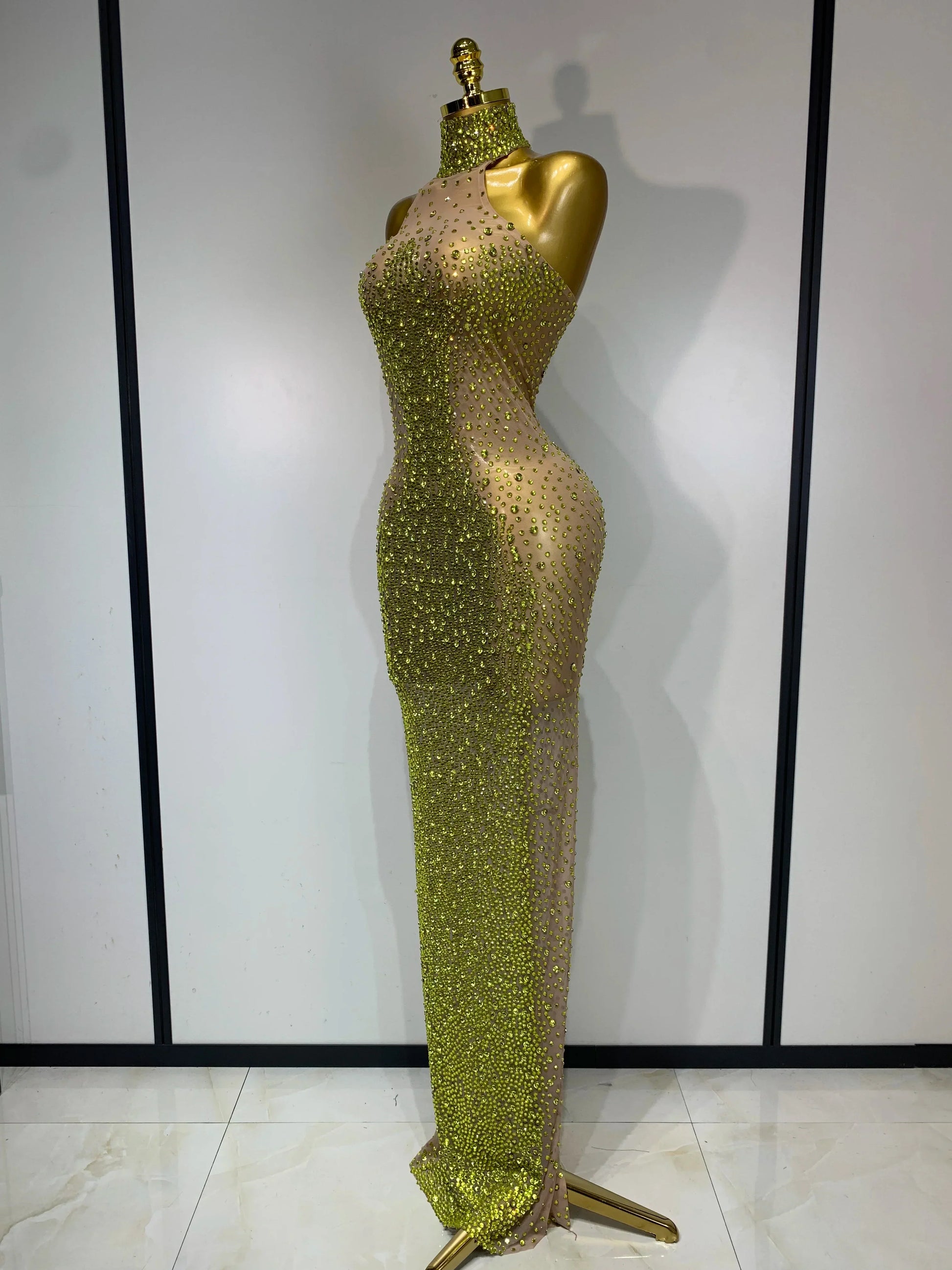 Women Luxury Birthday Celebrate Dress Dancer Party Show Stage Outfit Sparkly Rhinestone Elastic Mesh See Through Long Dress