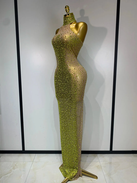 Women Luxury Birthday Celebrate Dress Dancer Party Show Stage Outfit Sparkly Rhinestone Elastic Mesh See Through Long Dress