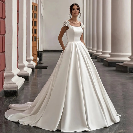 Gorgeous Satin Vestidos De Novia Cap Sleeve Court Train Wedding Dresses Appliques Vestido De Noiva White