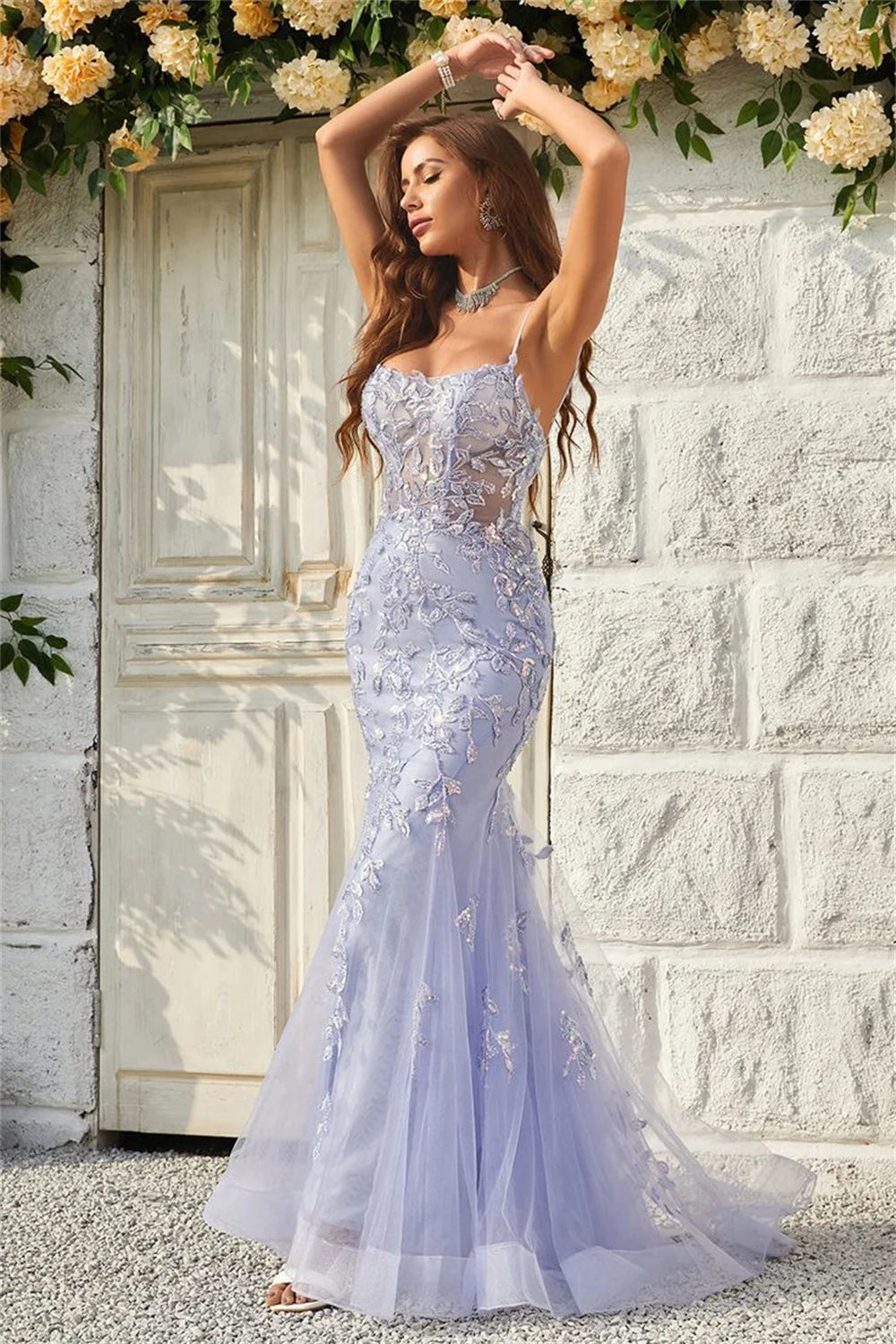 Lavender Sexy Backless Mermaid Prom Dress Spaghetti Strap vestidos de fiesta Lace Embroidery Tulle Evening Dress