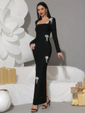Women's Light Luxury Nail Diamond Design Bandage Dress Square Neck Long Sleeve Bodycon Black Long Dress Club Party Vestidos
