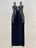 Ladies Diamond Beads Spaghetti Strap Backless Design Celebrity Evening Club Black Sleeveless Sexy Maxi Bandage Dress Vestidos