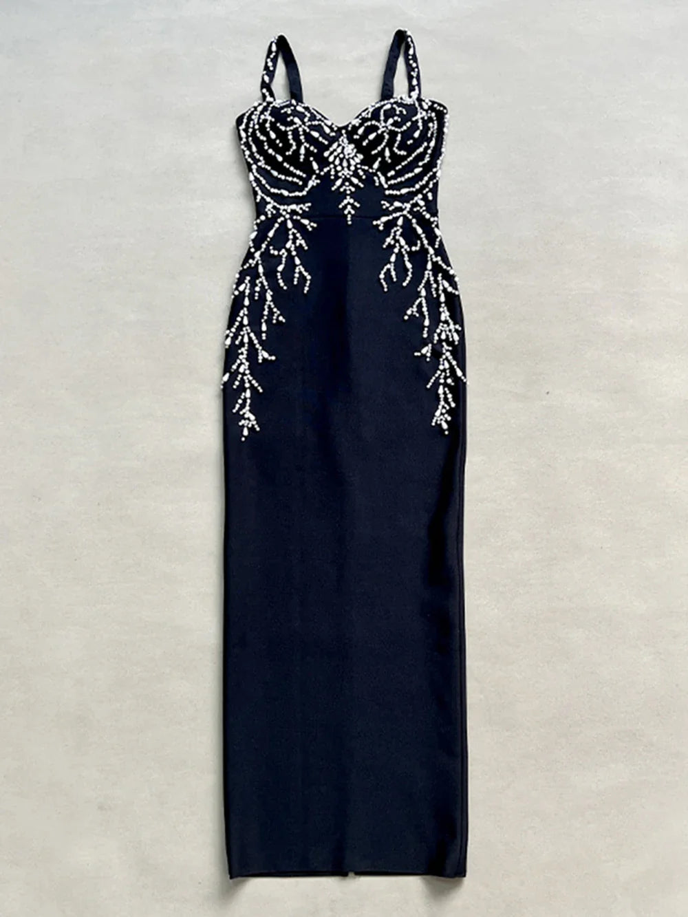 Ladies Diamond Beads Spaghetti Strap Backless Design Celebrity Evening Club Black Sleeveless Sexy Maxi Bandage Dress Vestidos