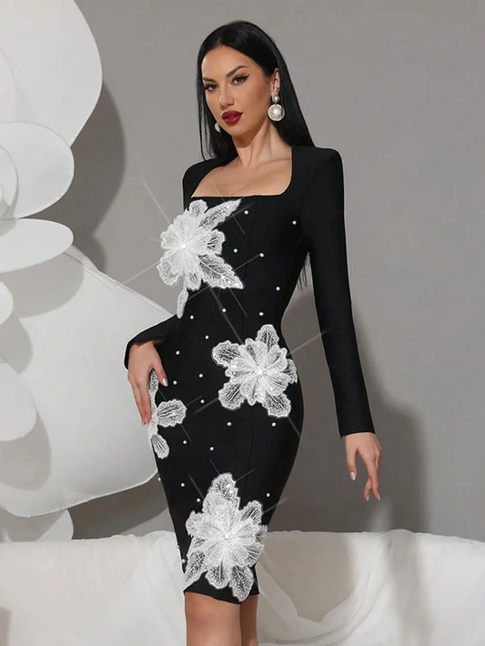 Women's Light Luxury 3D Flower Design Bandage Dress Square Neck Long Sleeve Bodycon Flute Dress Evening Club Party Vestidos