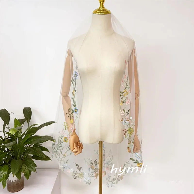 Romantic and Unique Colored Lace Appliqué Fingertip-Length Veil Perfect for Outdoor, Garden, Party, or Themed Weddings