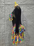 Black Color Women Long Sleeve Sexy Mesh See Through Bodycon Mini Dress Colorful Tassels Nightclub Party Performance Stage Wear