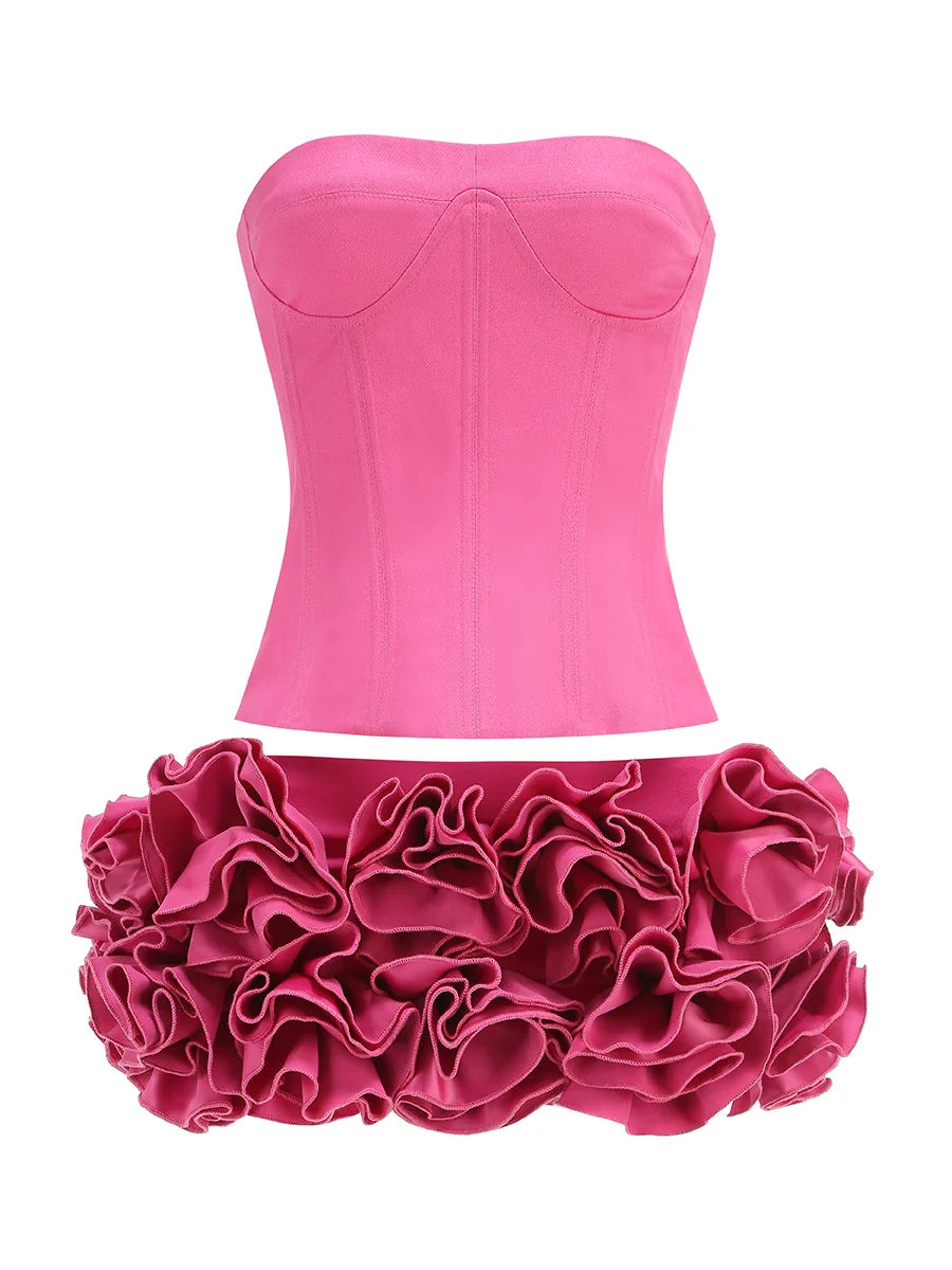 Pink Color Women Sexy Strapless Florals Bodycon Mini Dress Nigthclub Party Celebrate Birthday Fashion Outfit Vestido set