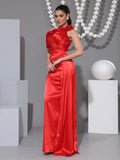 2025 Summer Elegant One Shoulder Satin Prom Dress Red sleeveless 3D Flower Folds Floor Length Special Occasion Formal Party Gown