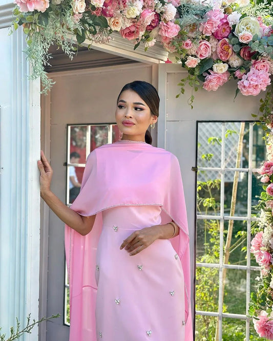 Vestido de noche rosa con capa hasta el tobillo, vestido de fiesta para jardín, ocasión Formal, Vestidos de graduación para mujer