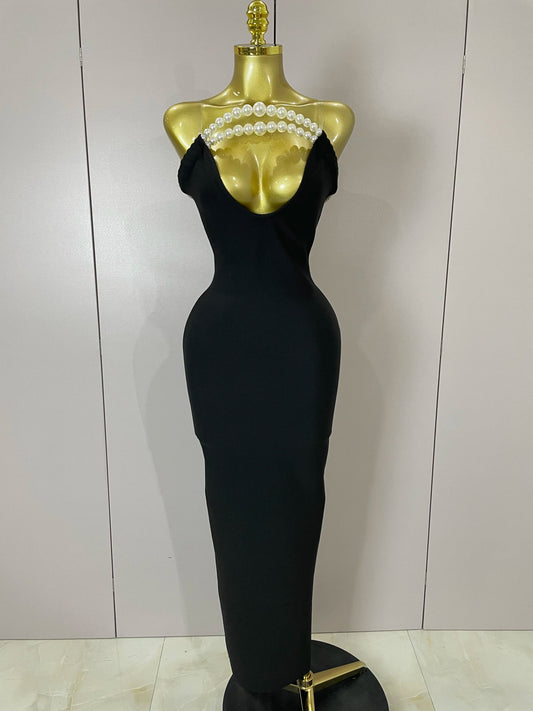 Sexy Backless Strapless Black Beading Long Bandage Bodycon Dress Women Celebrity Elegant Evening Luxury Birthday Dresses black