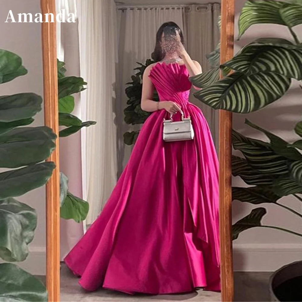 Rose Pink Silk Evening Dress Sexy Strapless A-line Prom Dress Ball Gown Party Dress Sleeveless فساتين مناسبة رسمية