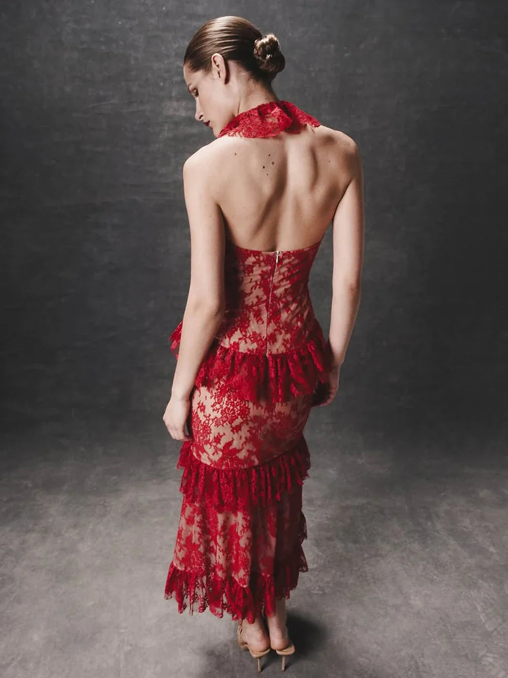 Sexy Lace Midi Halter Dress Women Red Ruffle Backless Sleeveless Party Dresses Summer Lady Vacation Robes New
