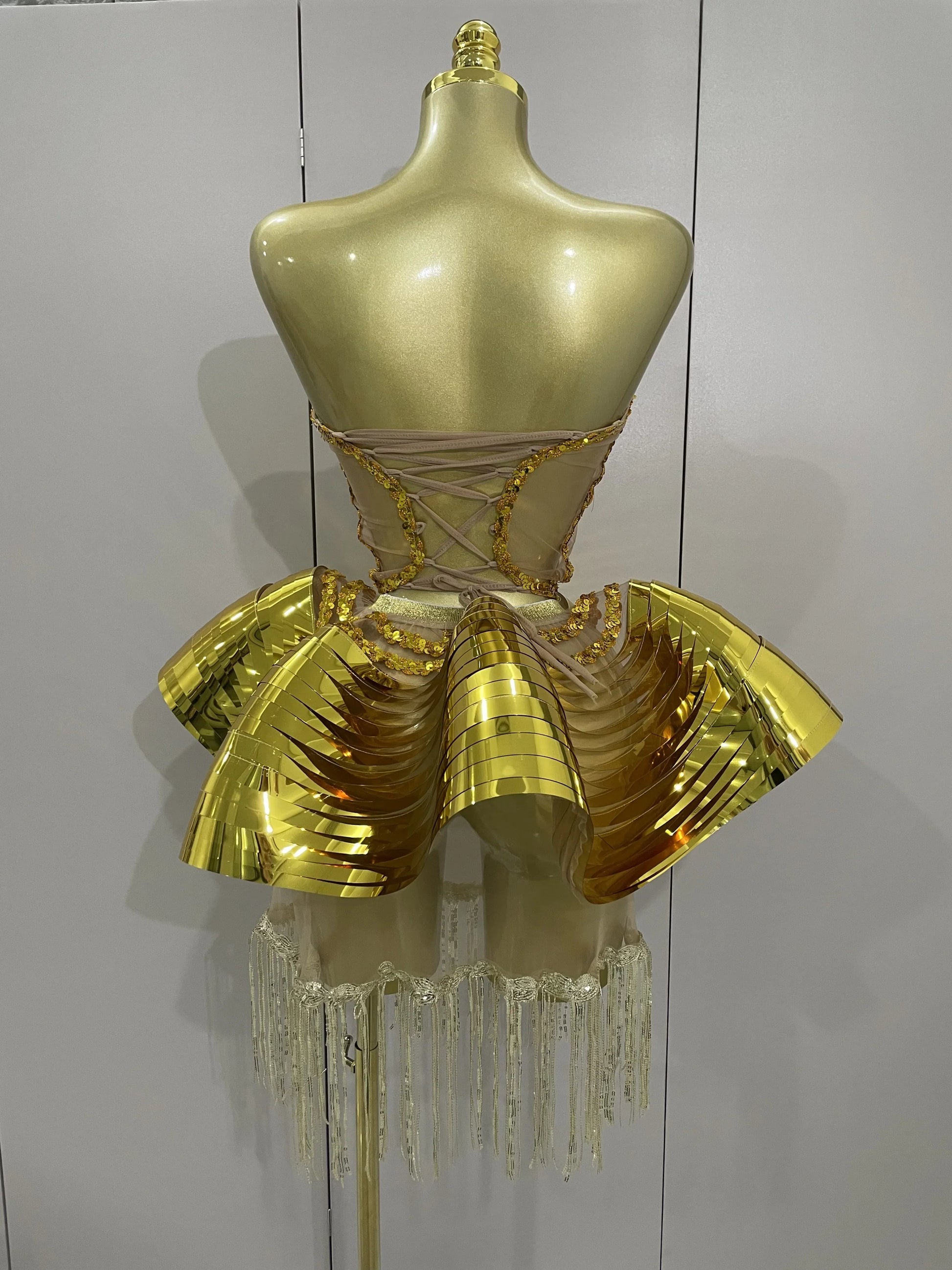 Shiny Gold Mirrors Sexy 2 Pieces Mini Dress Women Celebrate Birthday Party Performance Stage Costume Festival Wear
