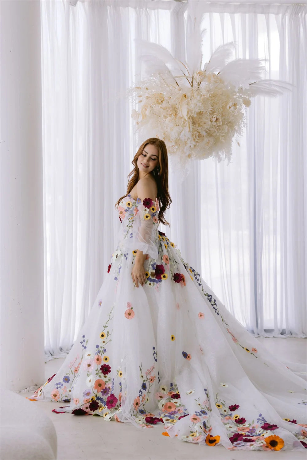 Flowers Lace Embroidery Tulle Fabric Prom Dress Detachable Train vestidos de fiesta Strapless A-line فستان حفلات الزفاف