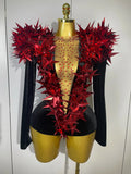 Shiny Gold Rhinestone Black Velvet Long Sleeve Bodysuit Women Evening Party Club Gala Hosts NightClub Bar Stage Costumes Red