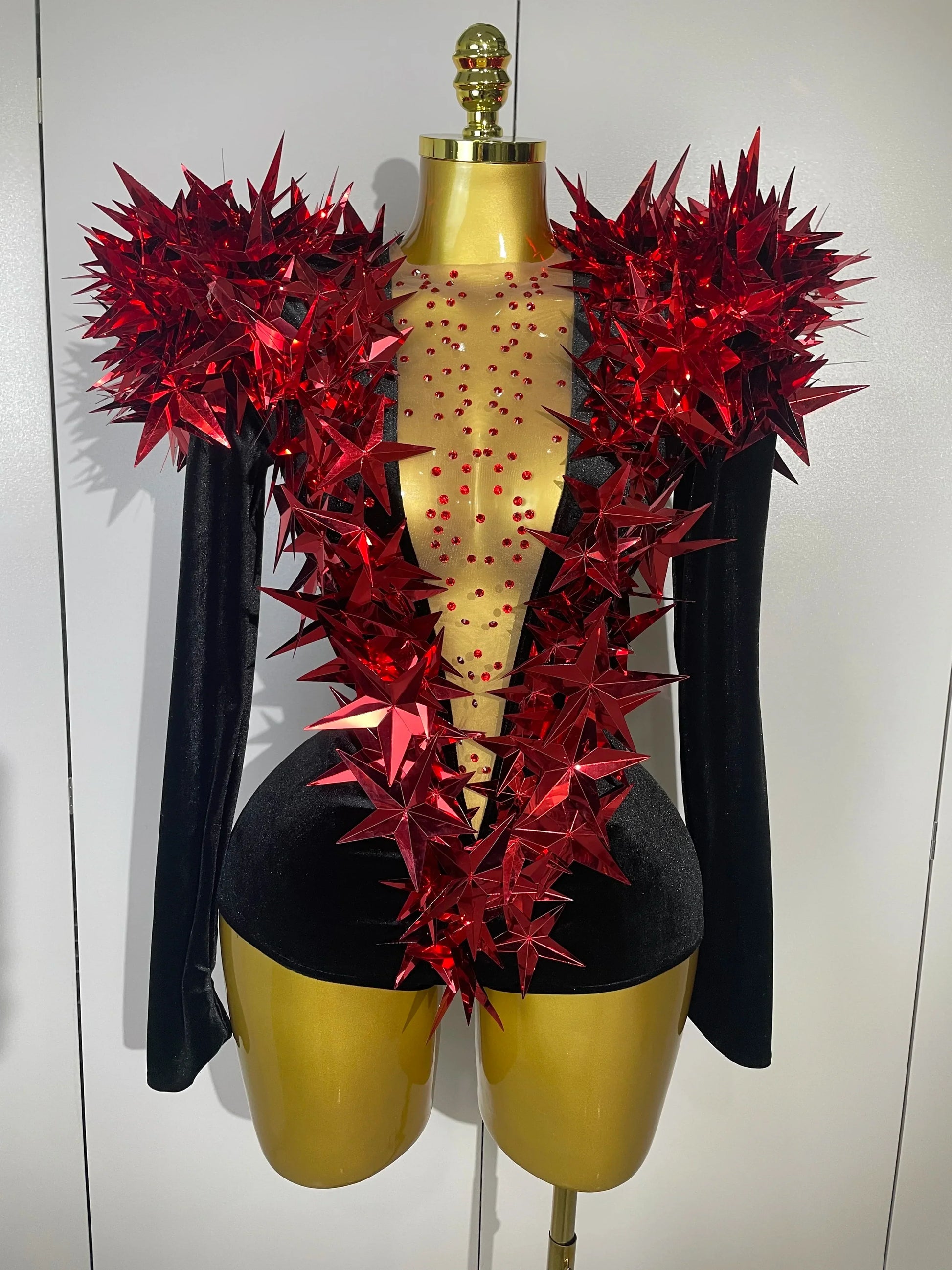 Shiny Gold Rhinestone Black Velvet Long Sleeve Bodysuit Women Evening Party Club Gala Hosts NightClub Bar Stage Costumes Red