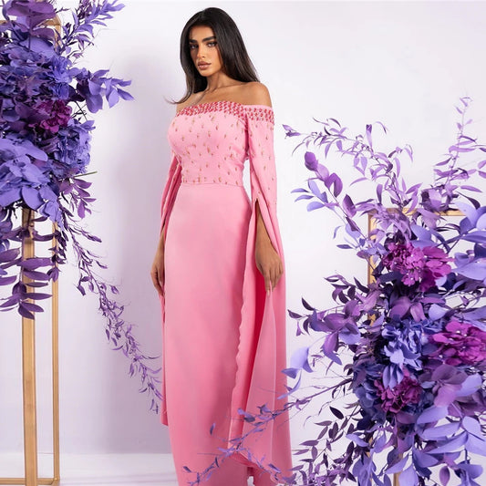 Elegant Pink Saudi Arabic Prom Dresses Off The Shoulder Long Cape Sleeves Formal Evening Dresses Sequineds Party Gowns As Picture