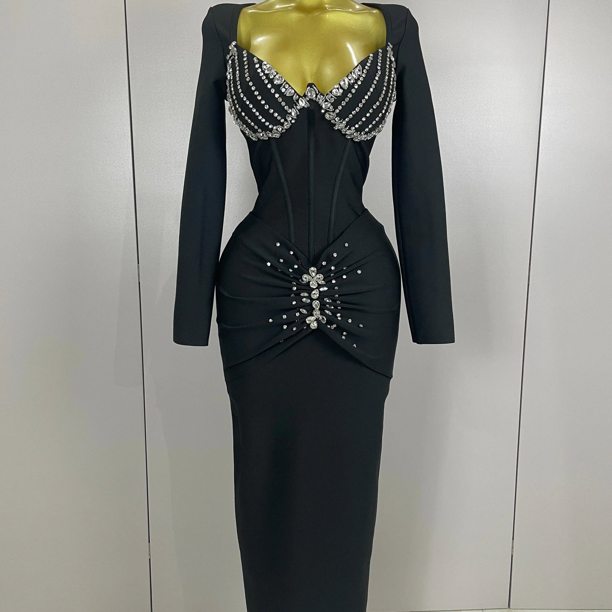 Sexy Luxury Sparkly Beading Bandage Long Sleeve Bodycon Dress Women Celebrity Party Elegant Evening Club Pary Dresses black