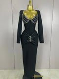 Sexy Luxury Sparkly Beading Bandage Long Sleeve Bodycon Dress Women Celebrity Party Elegant Evening Club Pary Dresses black