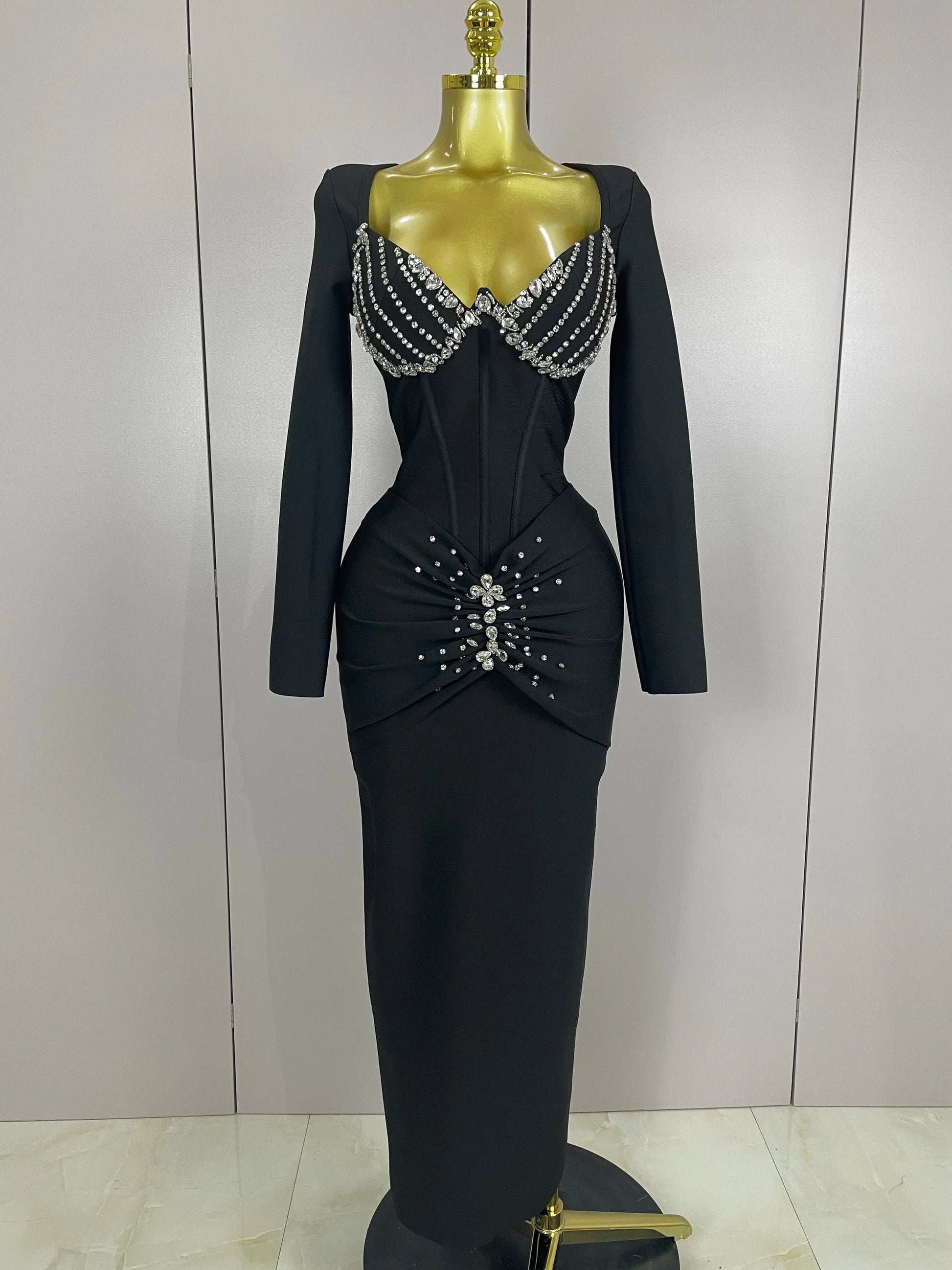 Sexy Luxury Sparkly Beading Bandage Long Sleeve Bodycon Dress Women Celebrity Party Elegant Evening Club Pary Dresses black
