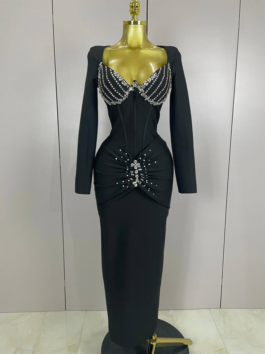 Sexy Luxury Sparkly Beading Bandage Long Sleeve Bodycon Dress Women Celebrity Party Elegant Evening Club Pary Dresses black