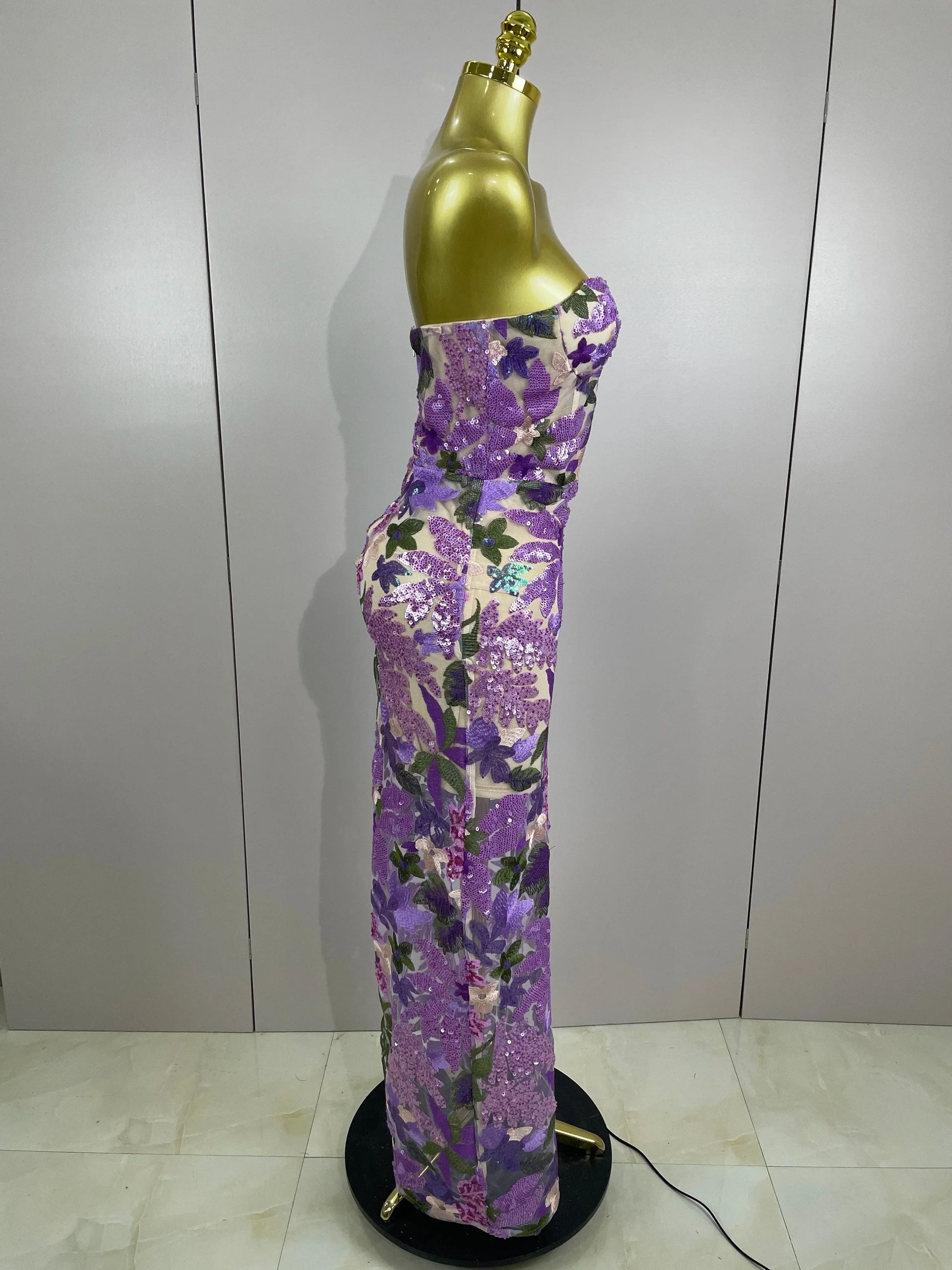 Sexy Strapless Floral Sequin Long Dress Women Sequins Flower Backless Long Slim Dress Evening Party Runway Gown Dress