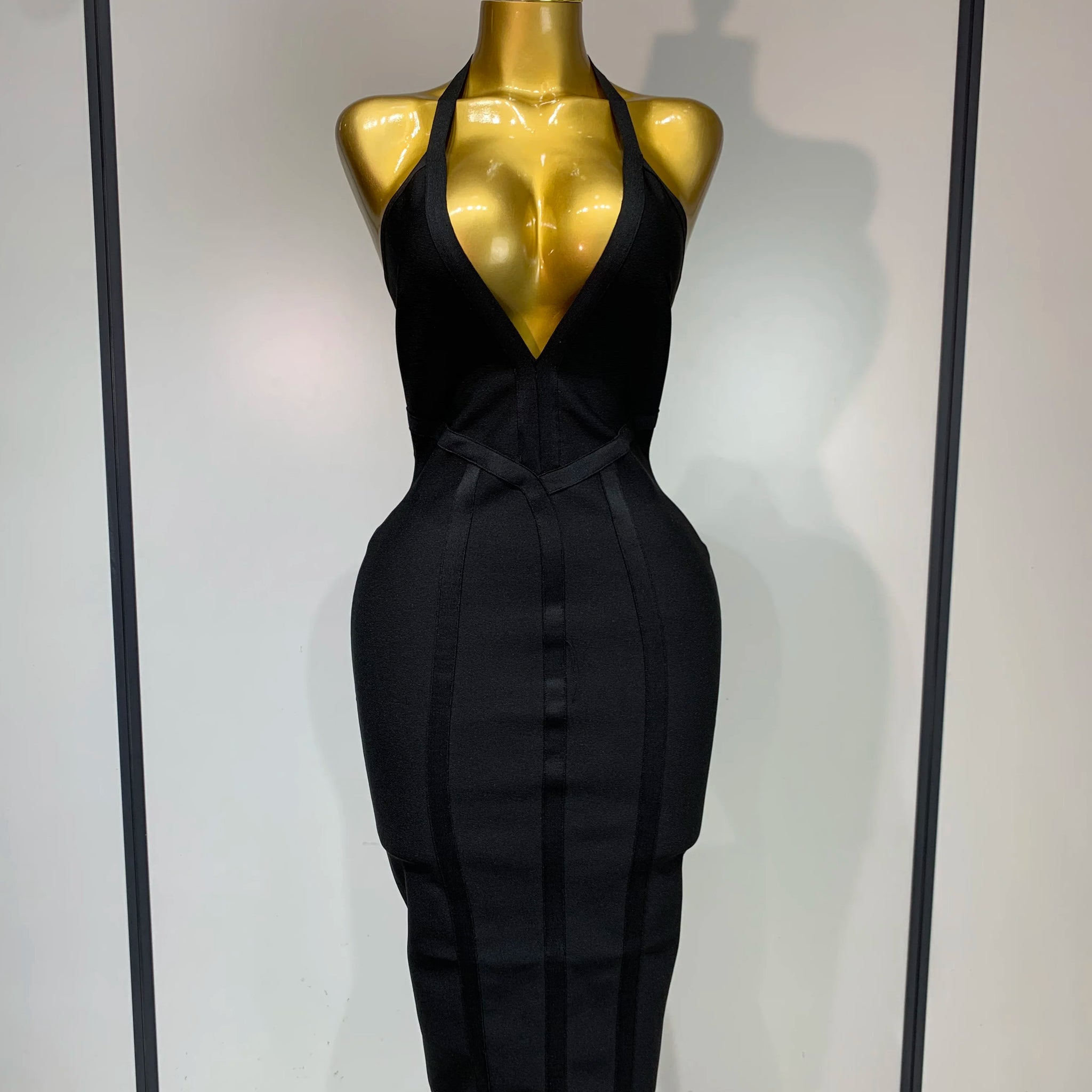 Women Sexy Elegant Spaghetti Strap V Neck Black Midi Bodycon Bandage Dress Nightclub Evening Party Luxury Birthday Dress black