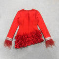 2024 Elegant Women's Patchwork Draped Bandage Dress O-neck Long Sleeve Beaded Feather Design Bodycon Asymmetric Mini Dresses