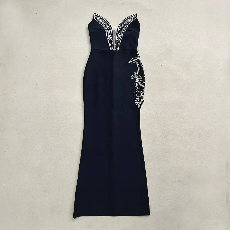 Top Quality Women Shinning Crystal Strapless Off the Shoulder Bodycon Long Bandage Dress Elegant Evening Party Birthday Outfit