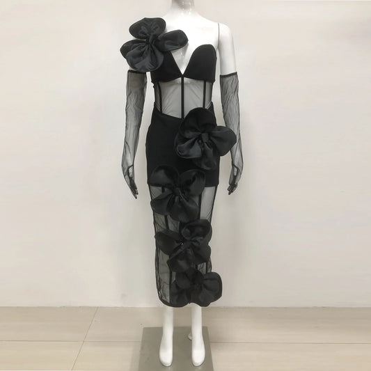 Top Quality Women Sleeveless Sexy One Shoulder Floral Mesh See Through Bodycon Bandage Long Dress Celebrate Nightclub Party Wear