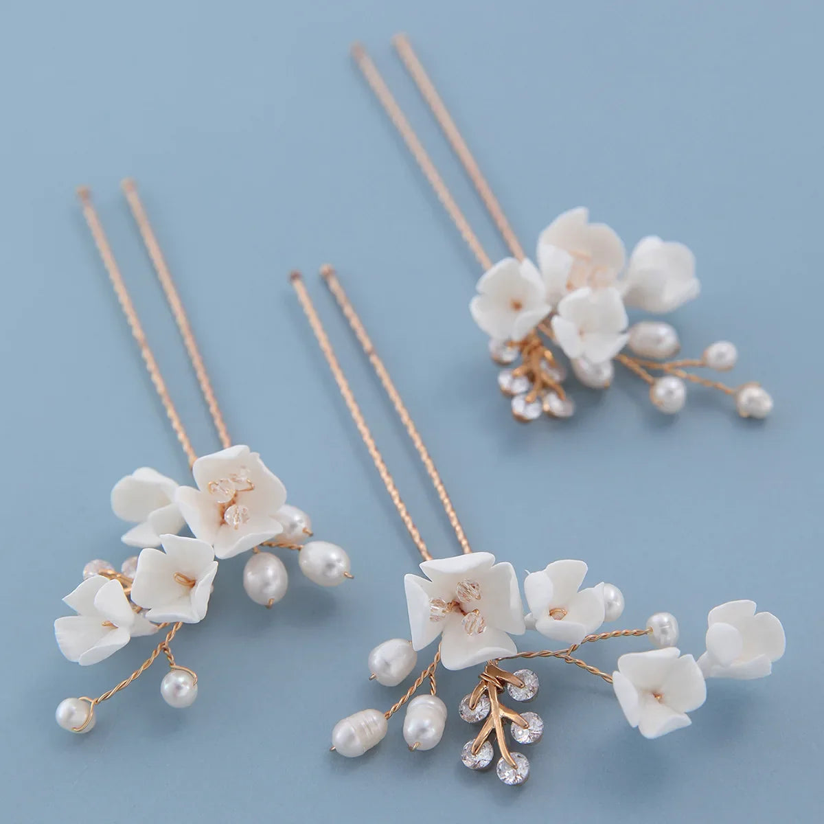 Bridal Jewelry Porcelain Flower Hair Pin Clip Freshwater Pearl Head Piece Brides Vintage Gold Color Hairpin Wedding Accessories a