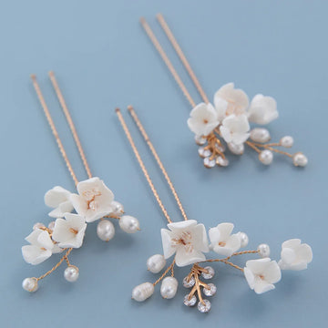 Bridal Jewelry Porcelain Flower Hair Pin Clip Freshwater Pearl Head Piece Brides Vintage Gold Color Hairpin Wedding Accessories a
