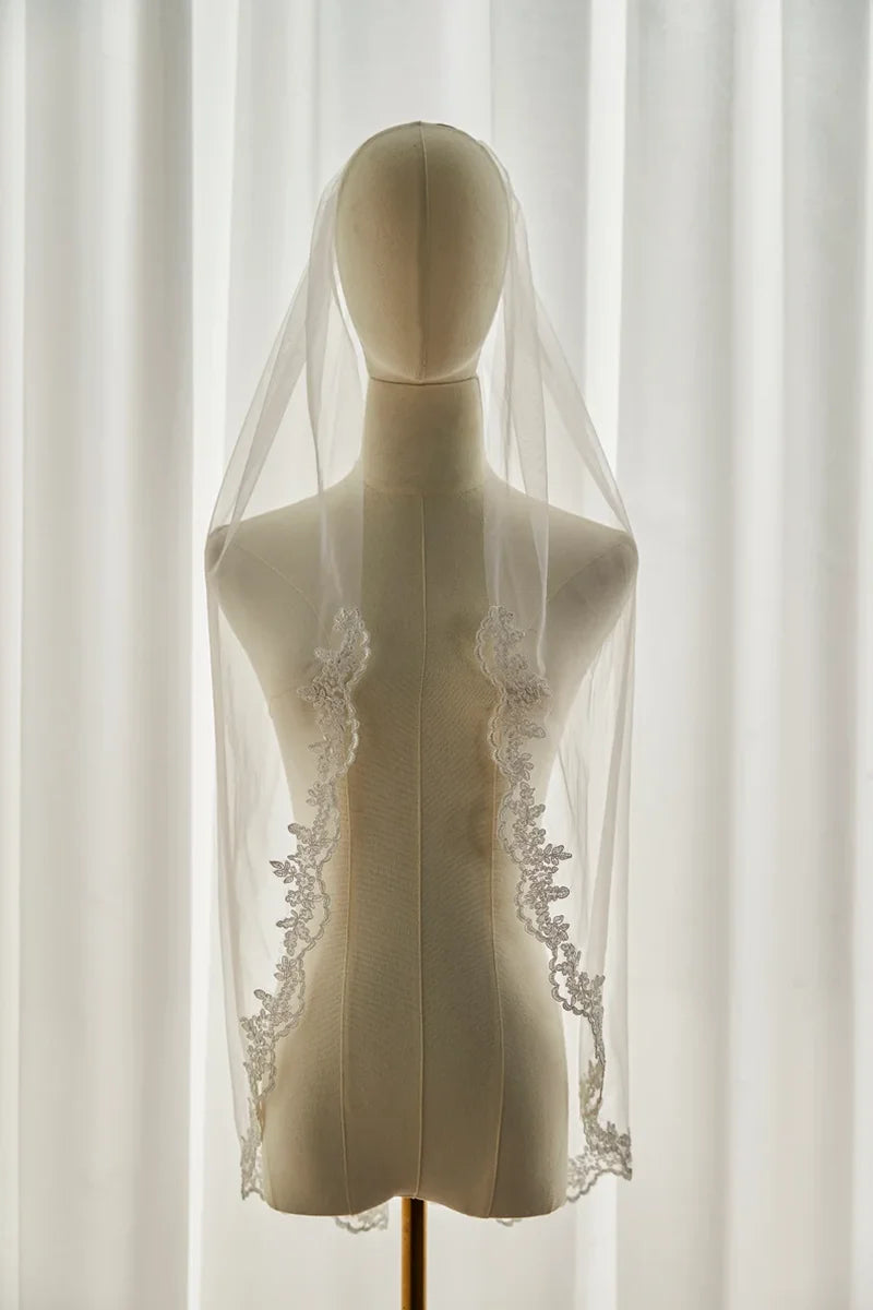 Floral Lace Edge Bridal Veil Fingertip Ivory Wedding Veil