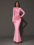 Elegant Women's 3D Flower Decorative Bandage Dress O-neck Long Sleeve Bodycon Long Dress Cocktail Evening Party Vestidos Pink