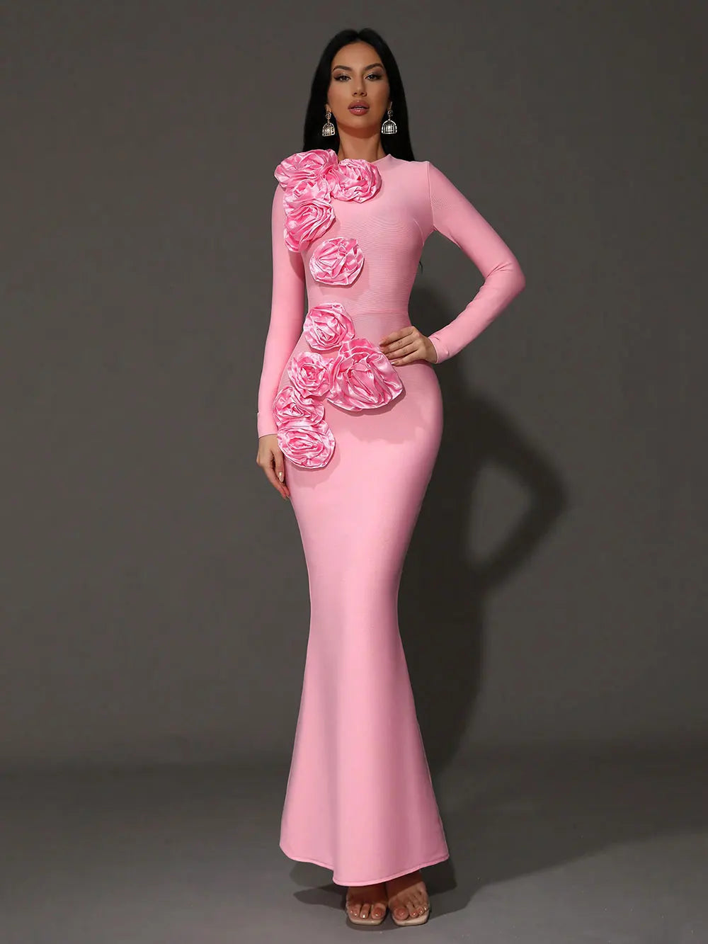 Elegant Women's 3D Flower Decorative Bandage Dress O-neck Long Sleeve Bodycon Long Dress Cocktail Evening Party Vestidos Pink