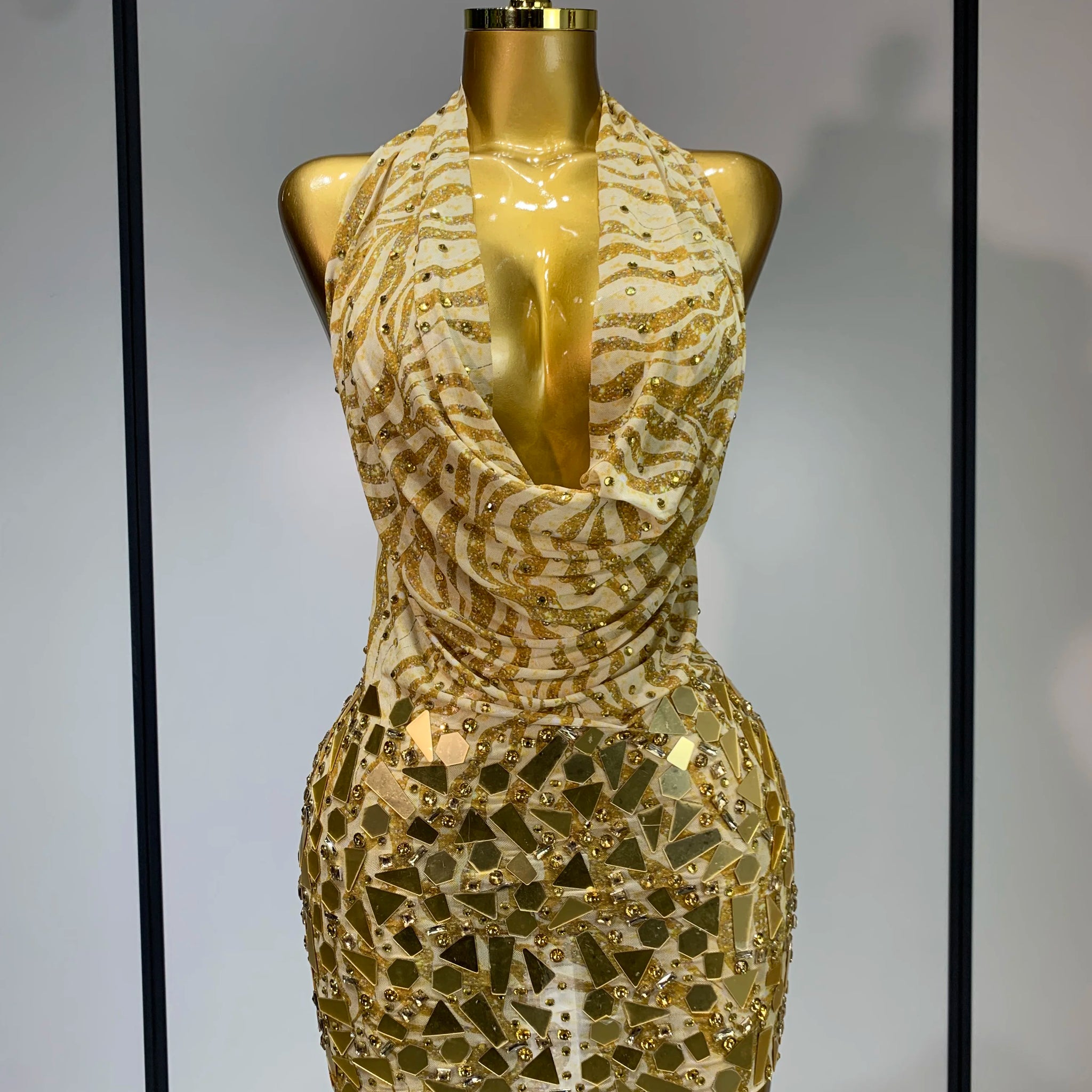 Women Sexy Backless Deep V Neck Mini Gold Dress Celebrity Elegant Evening Prom Dresses Birthday Photo Shoot Nightclub Costume Gold