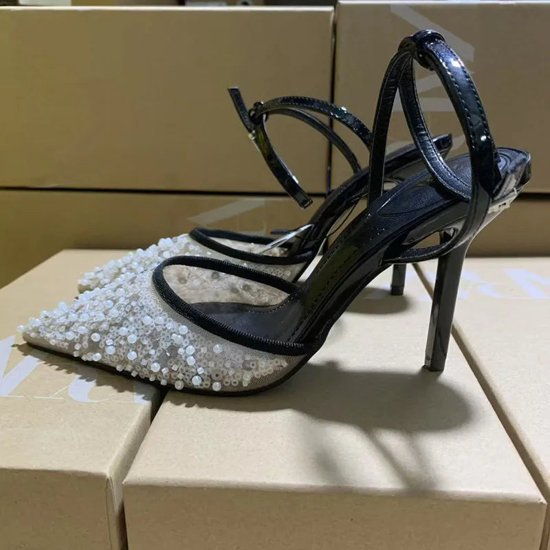 Luxury Pearls Sequined Air Mesh Women Pumps Summer Elegant Pointed toe Slingbacks Thin High heels Fashion Wedding Party Shoes