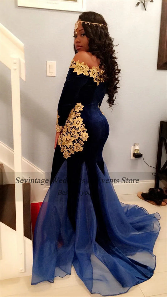 Fashion Royal Blue Mermaid Evening Dress Scoop Neck Lace Appliques Prom Gown Ruched Floor Length Algerian Outfit