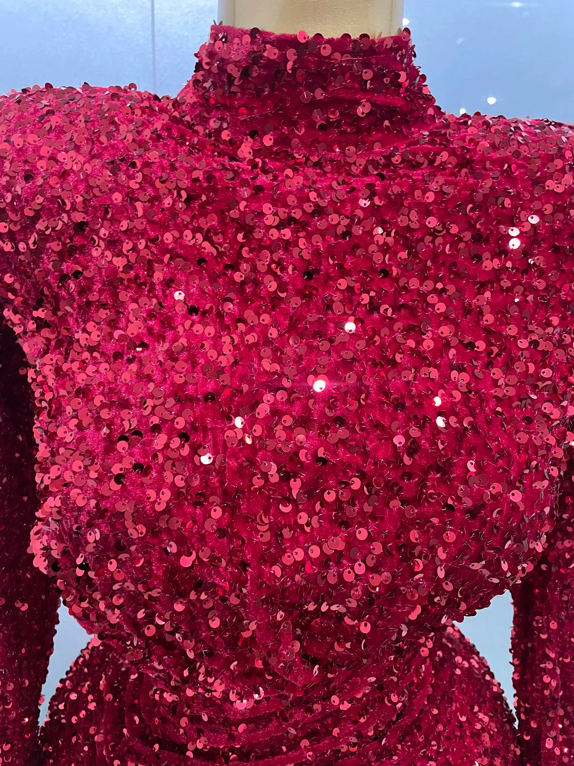 Sexy Sparkly Red Sequins Long Sleeve Short Dress Women Evening Celebrate Birthday Party Club Performance Stage Costume